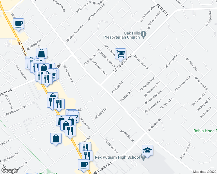 map of restaurants, bars, coffee shops, grocery stores, and more near 15949 Southeast Martenson Court in Milwaukie
