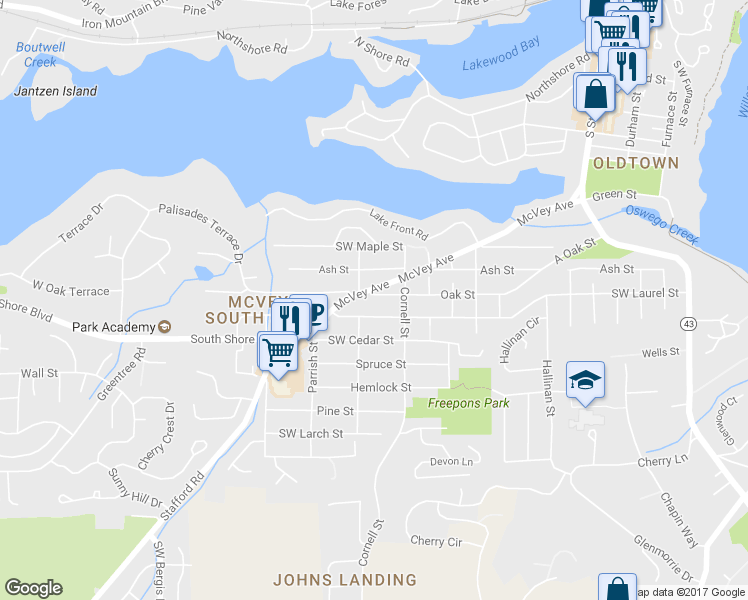 map of restaurants, bars, coffee shops, grocery stores, and more near 1318 Oak Street in Lake Oswego
