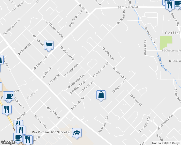 map of restaurants, bars, coffee shops, grocery stores, and more near 15920 SE Wallace Rd in Milwaukie