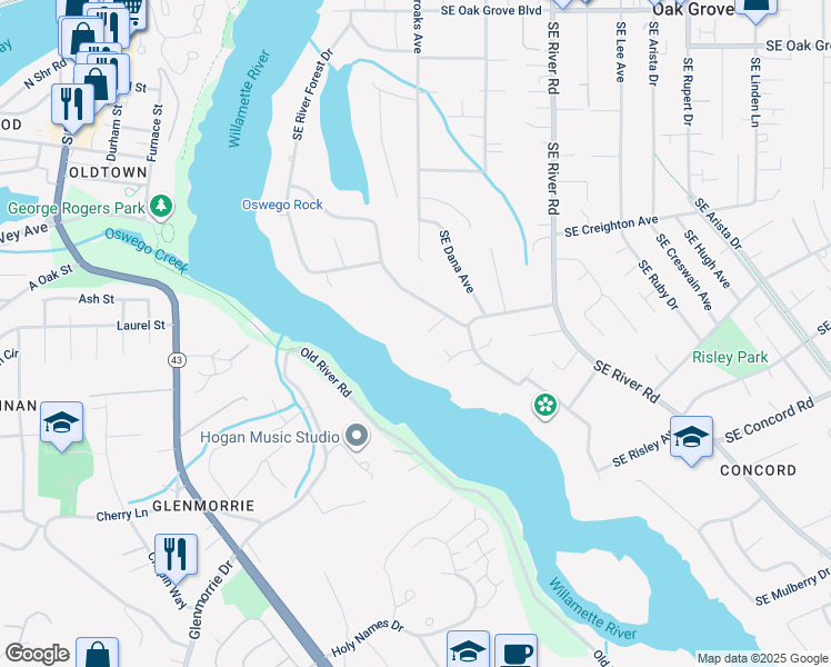 map of restaurants, bars, coffee shops, grocery stores, and more near 15910 Southeast Mallard Court in Milwaukie