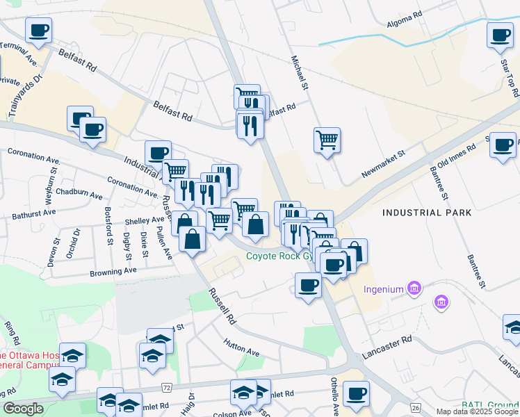 map of restaurants, bars, coffee shops, grocery stores, and more near 911 Industrial Avenue in Ottawa