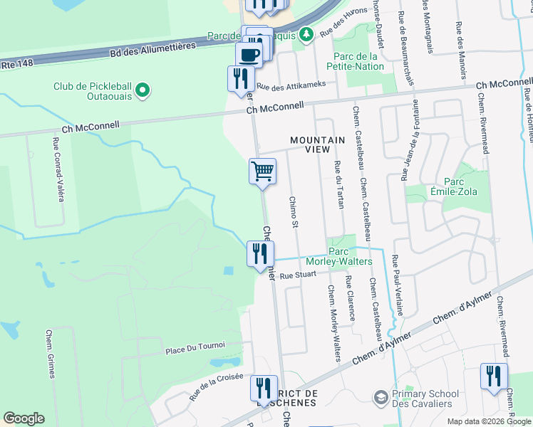 map of restaurants, bars, coffee shops, grocery stores, and more near 329 Chemin Vanier in Gatineau