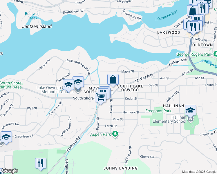 map of restaurants, bars, coffee shops, grocery stores, and more near 1610 Oak Street in Lake Oswego