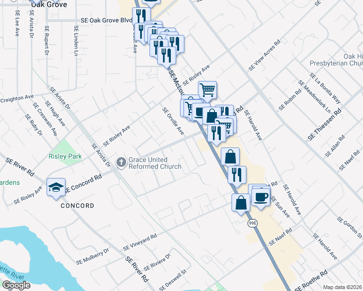 map of restaurants, bars, coffee shops, grocery stores, and more near 3314 Southeast Concord Road in Milwaukie
