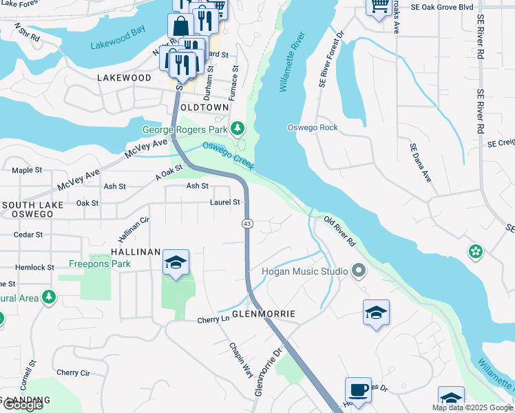 map of restaurants, bars, coffee shops, grocery stores, and more near 16250 Pacific Highway in Lake Oswego