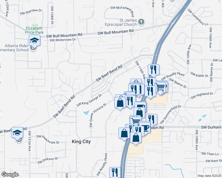 map of restaurants, bars, coffee shops, grocery stores, and more near 12050 Southwest King George Drive in King City