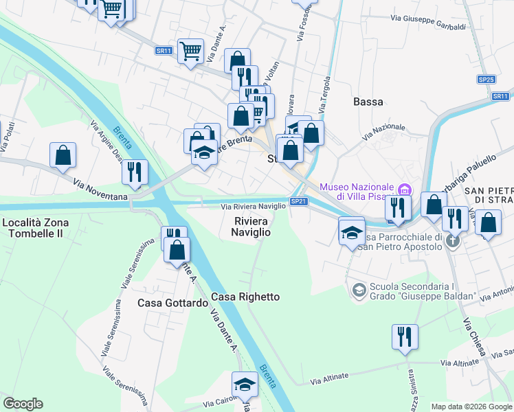 map of restaurants, bars, coffee shops, grocery stores, and more near Via Riviera Naviglio in Riviera Naviglio