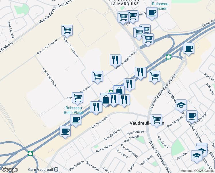 map of restaurants, bars, coffee shops, grocery stores, and more near 250 Rue Aimé Vincent in Vaudreuil-Dorion