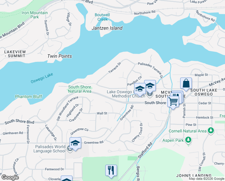 map of restaurants, bars, coffee shops, grocery stores, and more near 1100 West Oak Terrace in Lake Oswego