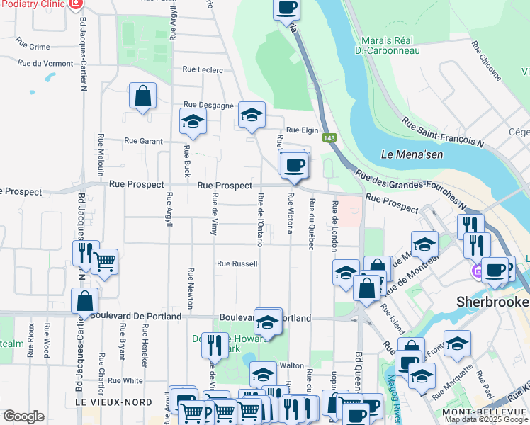 map of restaurants, bars, coffee shops, grocery stores, and more near 622 Rue de l'Ontario in Sherbrooke