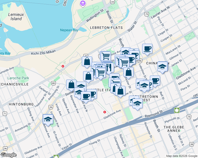 map of restaurants, bars, coffee shops, grocery stores, and more near 939 Somerset Street West in Ottawa