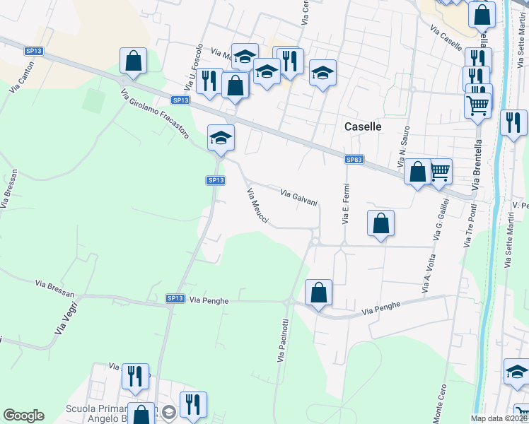 map of restaurants, bars, coffee shops, grocery stores, and more near 11 Via Meucci in Caselle