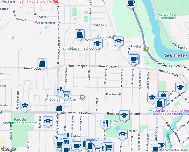 map of restaurants, bars, coffee shops, grocery stores, and more near 1467 Rue Durham in Sherbrooke