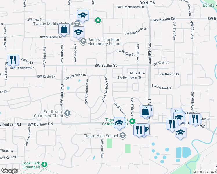 map of restaurants, bars, coffee shops, grocery stores, and more near 15480 Southwest Alderbrook Circle in Tigard
