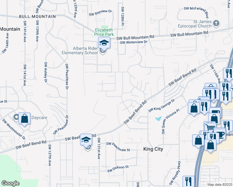 map of restaurants, bars, coffee shops, grocery stores, and more near 15458 Southwest Oak Valley Terrace in Tigard