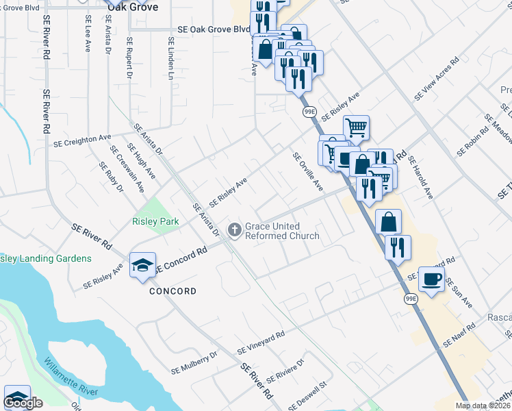 map of restaurants, bars, coffee shops, grocery stores, and more near 3073 Southeast Riesling Road in Milwaukie
