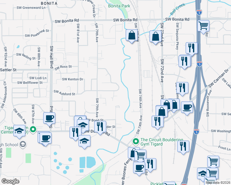 map of restaurants, bars, coffee shops, grocery stores, and more near 7598 Southwest Ashford Street in Tigard