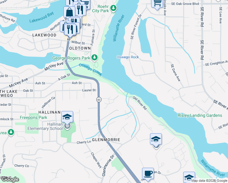map of restaurants, bars, coffee shops, grocery stores, and more near 200 Southwest Burnham Road in Lake Oswego