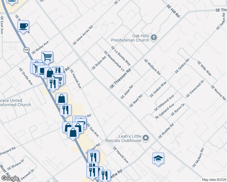 map of restaurants, bars, coffee shops, grocery stores, and more near 15910 Southeast Oatfield Road in Milwaukie