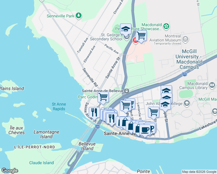 map of restaurants, bars, coffee shops, grocery stores, and more near 76 Rue Elmo-Deslauriers in Sainte-Anne-de-Bellevue