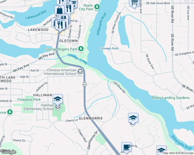 map of restaurants, bars, coffee shops, grocery stores, and more near Unnamed Road in Lake Oswego