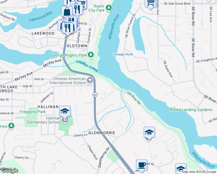 map of restaurants, bars, coffee shops, grocery stores, and more near Unnamed Road in Lake Oswego