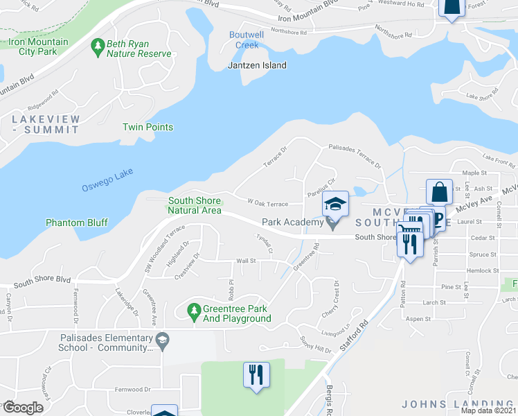 map of restaurants, bars, coffee shops, grocery stores, and more near 1100 West Oak Terrace in Lake Oswego