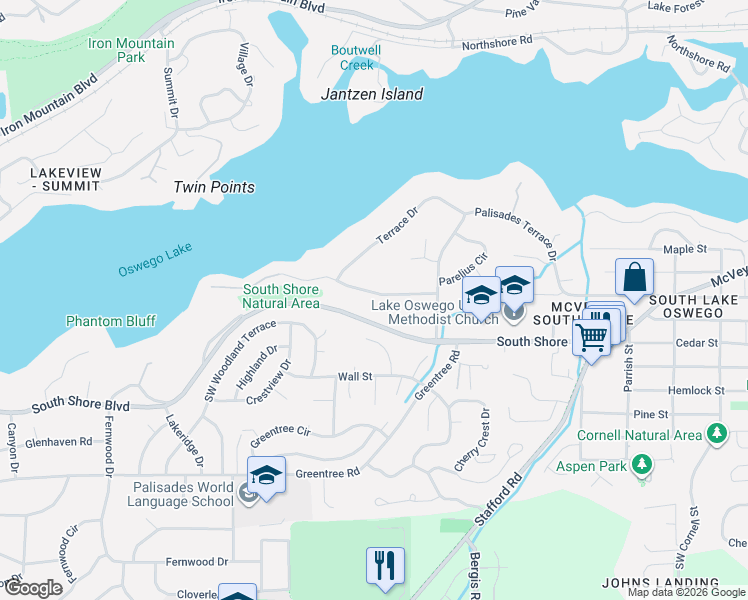 map of restaurants, bars, coffee shops, grocery stores, and more near 1100 West Oak Terrace in Lake Oswego
