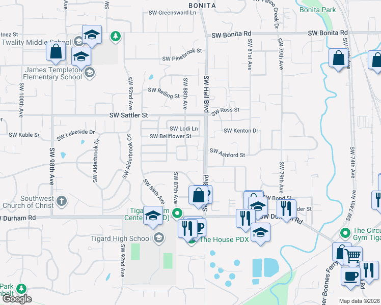 map of restaurants, bars, coffee shops, grocery stores, and more near 15488 Southwest Applewood Avenue in Tigard