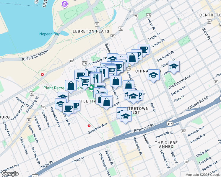 map of restaurants, bars, coffee shops, grocery stores, and more near 130 Anderson Street in Ottawa