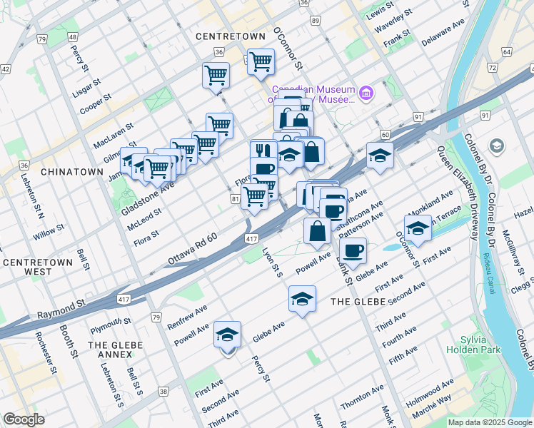 map of restaurants, bars, coffee shops, grocery stores, and more near 280 Catherine Street in Ottawa