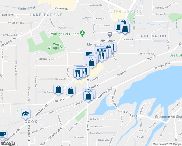 map of restaurants, bars, coffee shops, grocery stores, and more near 16250 Bryant Road in Lake Oswego