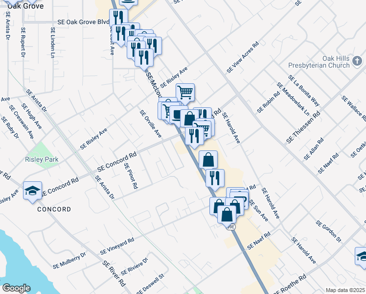 map of restaurants, bars, coffee shops, grocery stores, and more near 15855 Southeast McLoughlin Boulevard in Milwaukie