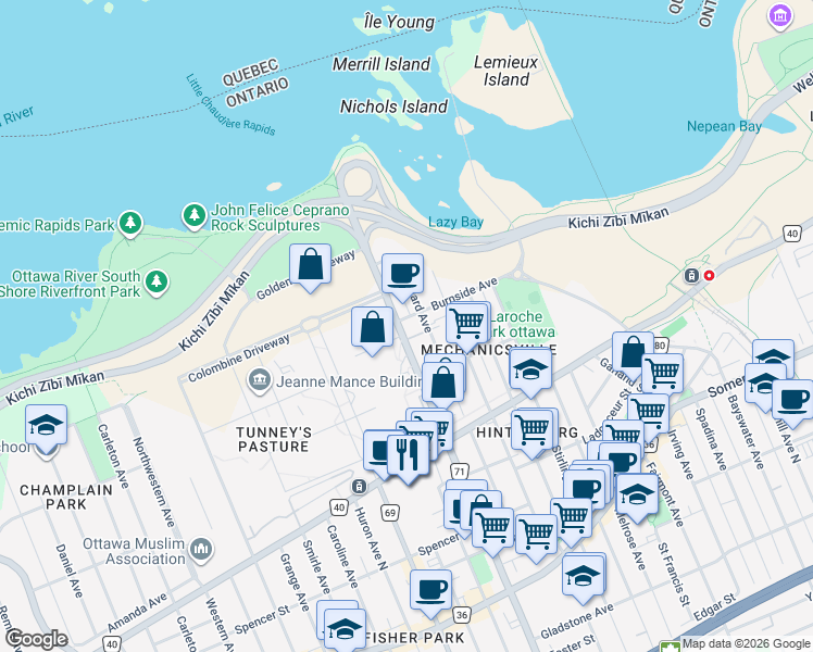 map of restaurants, bars, coffee shops, grocery stores, and more near 131 Parkdale Avenue in Ottawa