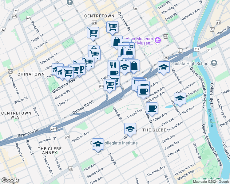 map of restaurants, bars, coffee shops, grocery stores, and more near 280 Catherine Street in Ottawa