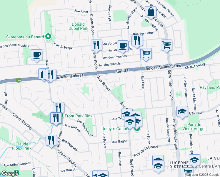 map of restaurants, bars, coffee shops, grocery stores, and more near 204 Rue Broad in Gatineau