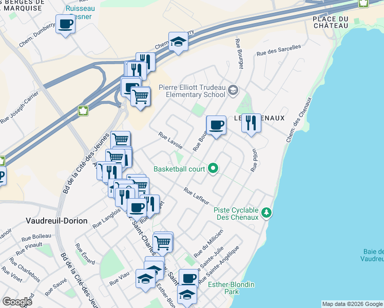 map of restaurants, bars, coffee shops, grocery stores, and more near 3049 Rue Lavoie in Vaudreuil-Dorion