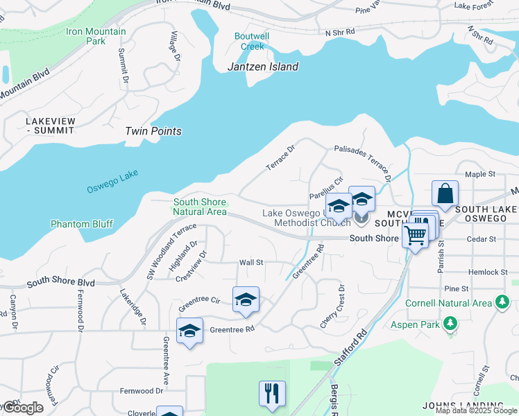 map of restaurants, bars, coffee shops, grocery stores, and more near 1190 West Oak Terrace in Lake Oswego