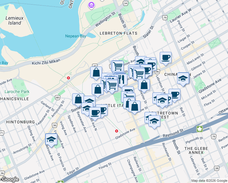 map of restaurants, bars, coffee shops, grocery stores, and more near 939 Somerset Street West in Ottawa