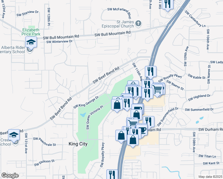 map of restaurants, bars, coffee shops, grocery stores, and more near 12020 Southwest King George Drive in Portland