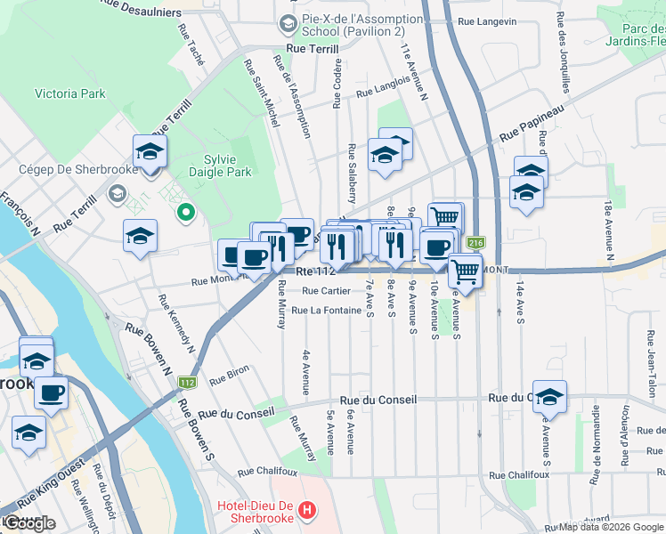 map of restaurants, bars, coffee shops, grocery stores, and more near 509 Rue King Est in Sherbrooke