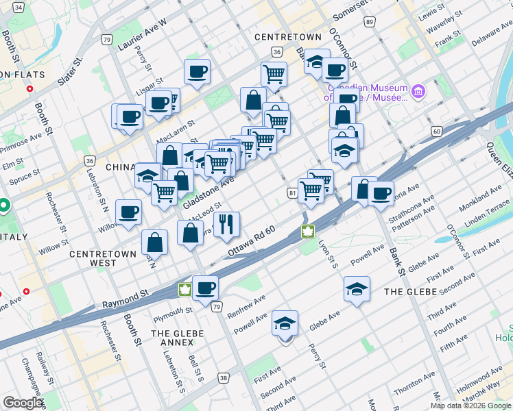 map of restaurants, bars, coffee shops, grocery stores, and more near 244 Flora Street in Ottawa