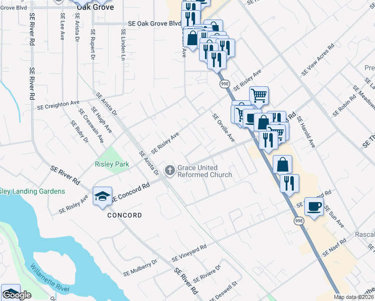 map of restaurants, bars, coffee shops, grocery stores, and more near 3073 Southeast Riesling Road in Milwaukie