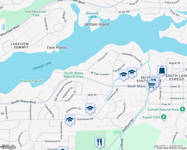 map of restaurants, bars, coffee shops, grocery stores, and more near 1220 West Oak Terrace in Lake Oswego