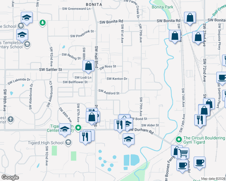 map of restaurants, bars, coffee shops, grocery stores, and more near 15496 Southwest 82nd Place in Tigard