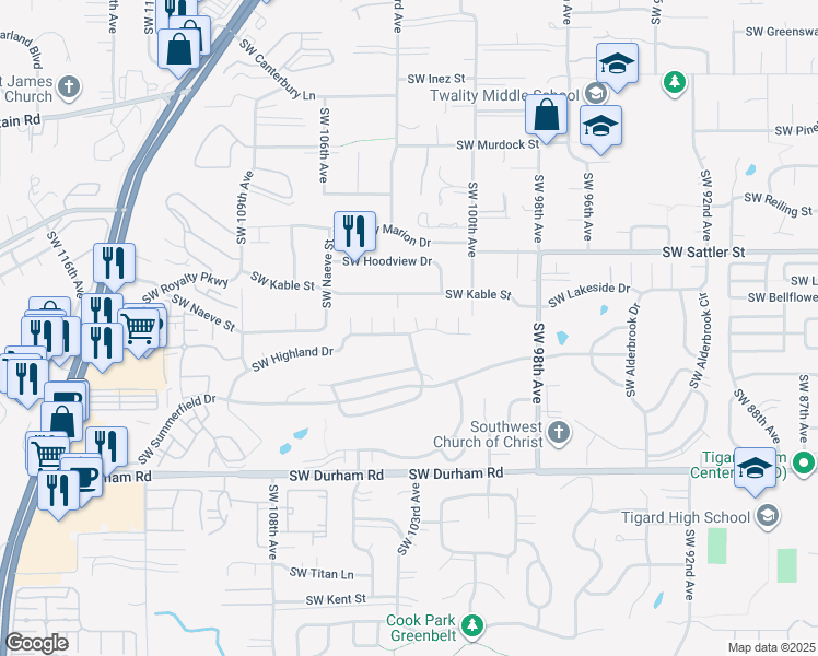 map of restaurants, bars, coffee shops, grocery stores, and more near 10200 Southwest Highland Drive in Tigard