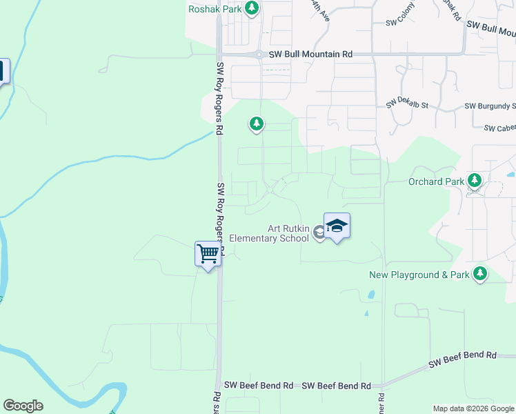 map of restaurants, bars, coffee shops, grocery stores, and more near 15998-16066 Southwest Roy Rogers Road in Portland