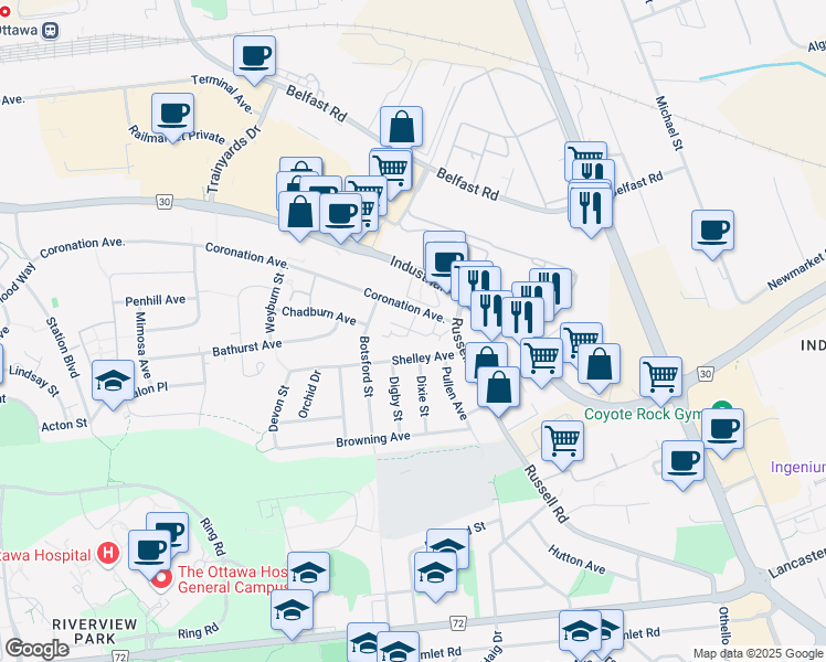 map of restaurants, bars, coffee shops, grocery stores, and more near 623 Shelley Avenue in Ottawa