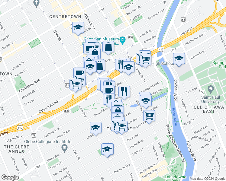 map of restaurants, bars, coffee shops, grocery stores, and more near in Ottawa