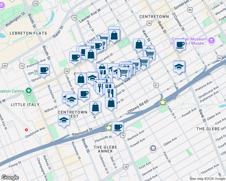 map of restaurants, bars, coffee shops, grocery stores, and more near 634 Gladstone Avenue in Ottawa